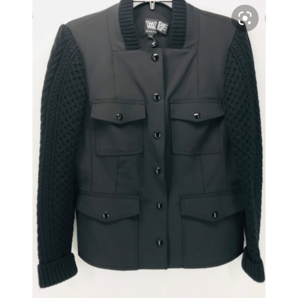 Worth Black Jacket Wool Ribbed Sweater Sleeves